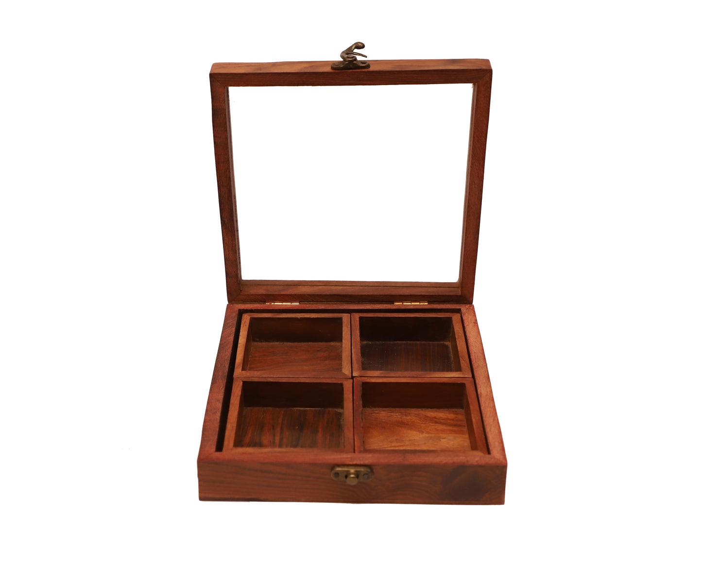 SacredFig Sheesham Wood Multipurpose Box | 4 removable compartments, Black latch - 8x8 in