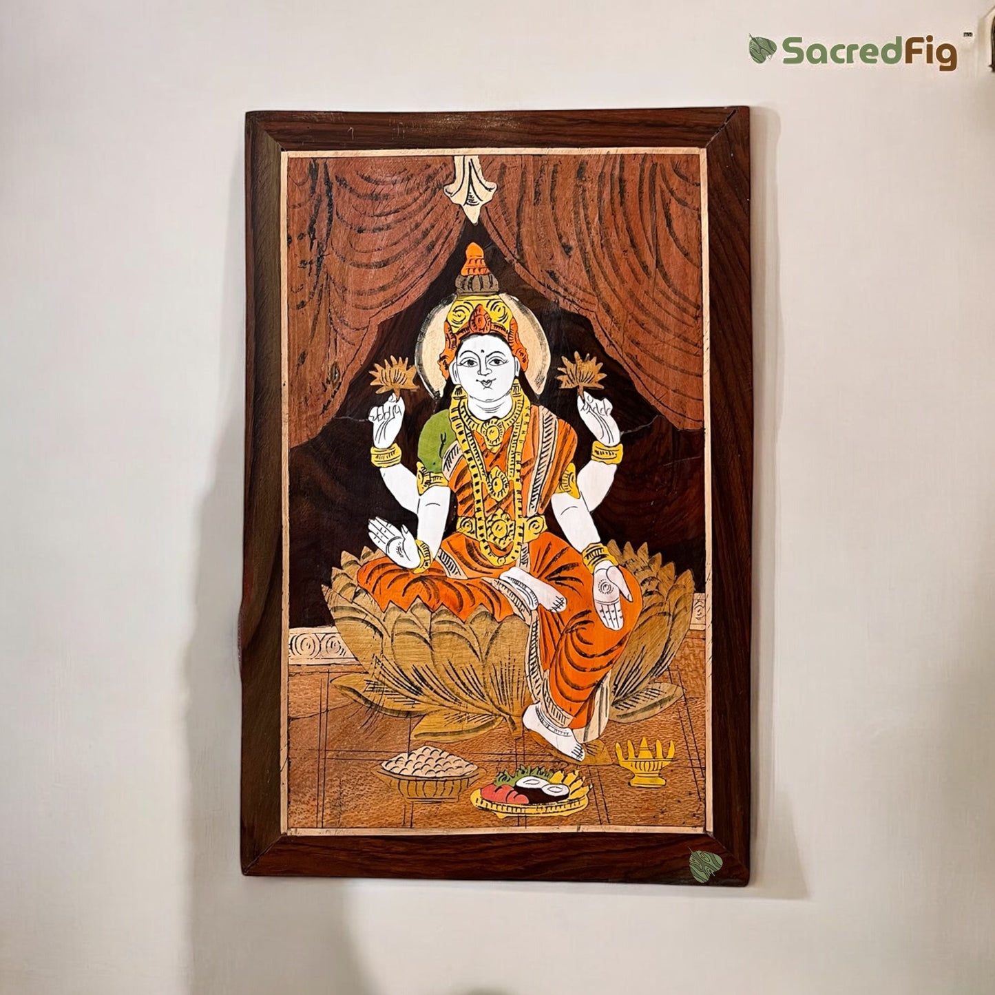 Lakshmi Maa Inlay Wood Art | Mysore Inlay Wall Art | Premium Home Decor by SacredFig | 12 x 18 in