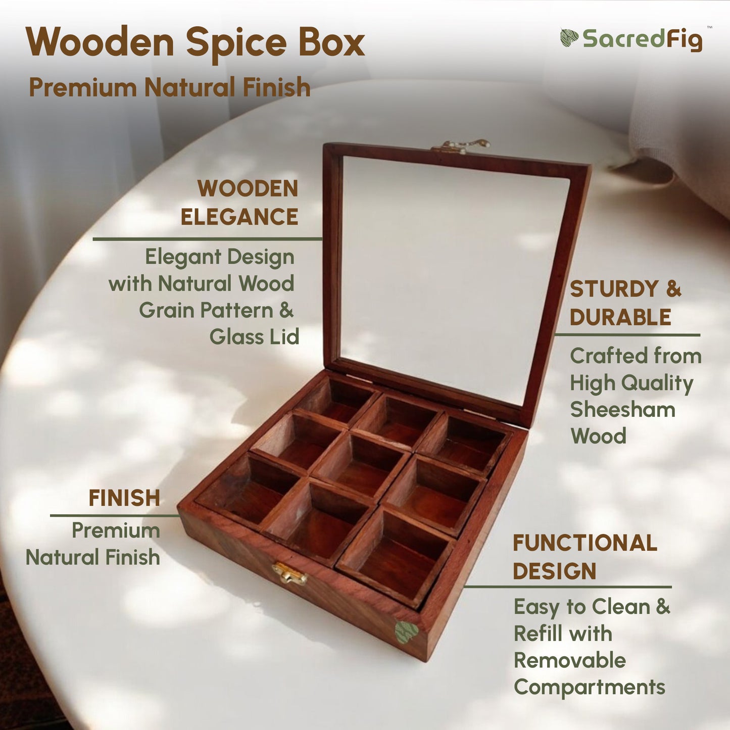 Sheesham Wood Multipurpose Box Condiment Set, Mukhvaas Box | 9 compartments by SacredFig| 8×8 in