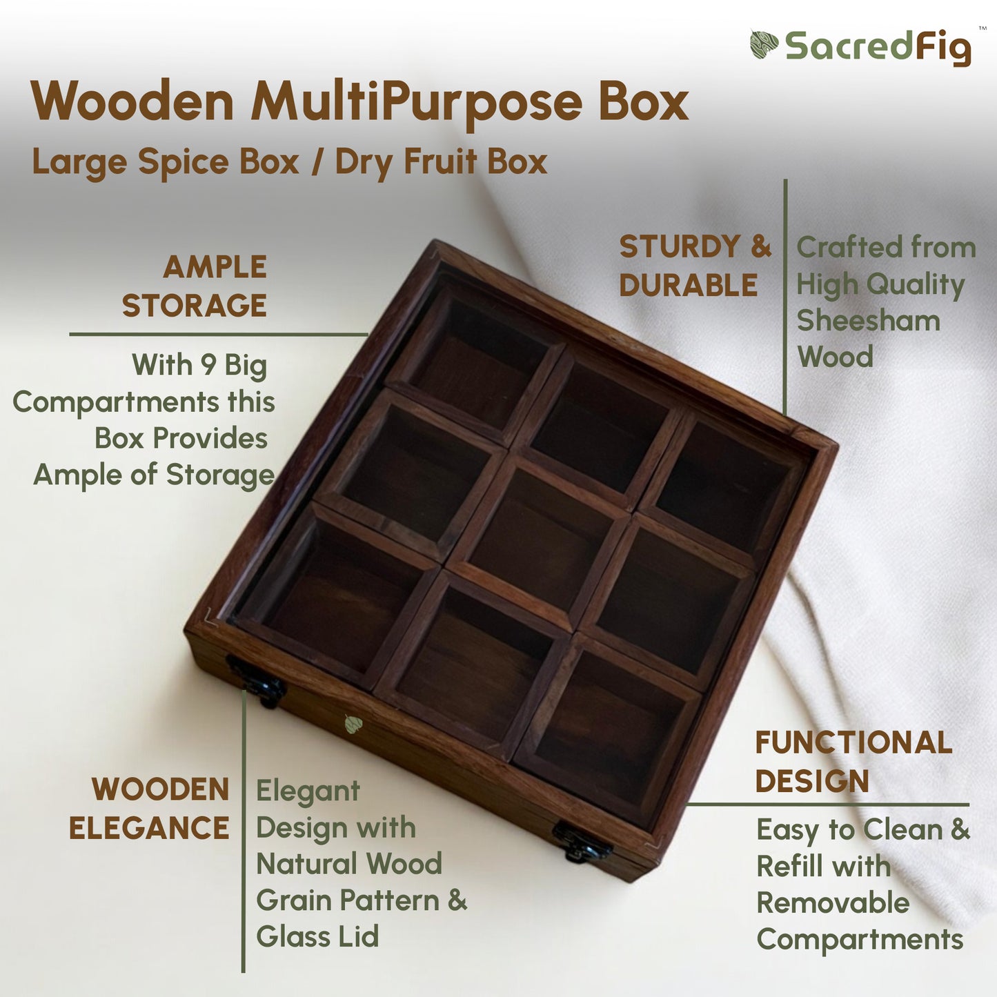 Sheesham Wood Masala Box Large 10x10 in | Removable 9 compartments | Handcrafted Large Wooden Spice Box
