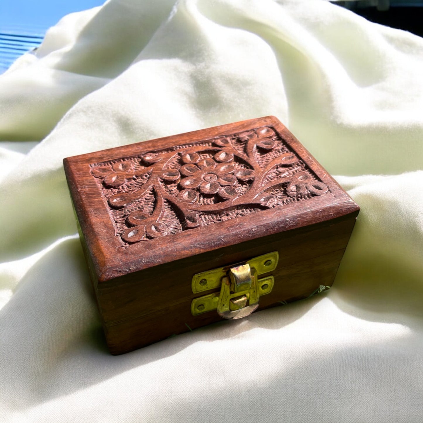 Handcarved Wooden Jewelry Box with Floral Carving & Brass Latch | Small Storage Organizer | 3×2 in |