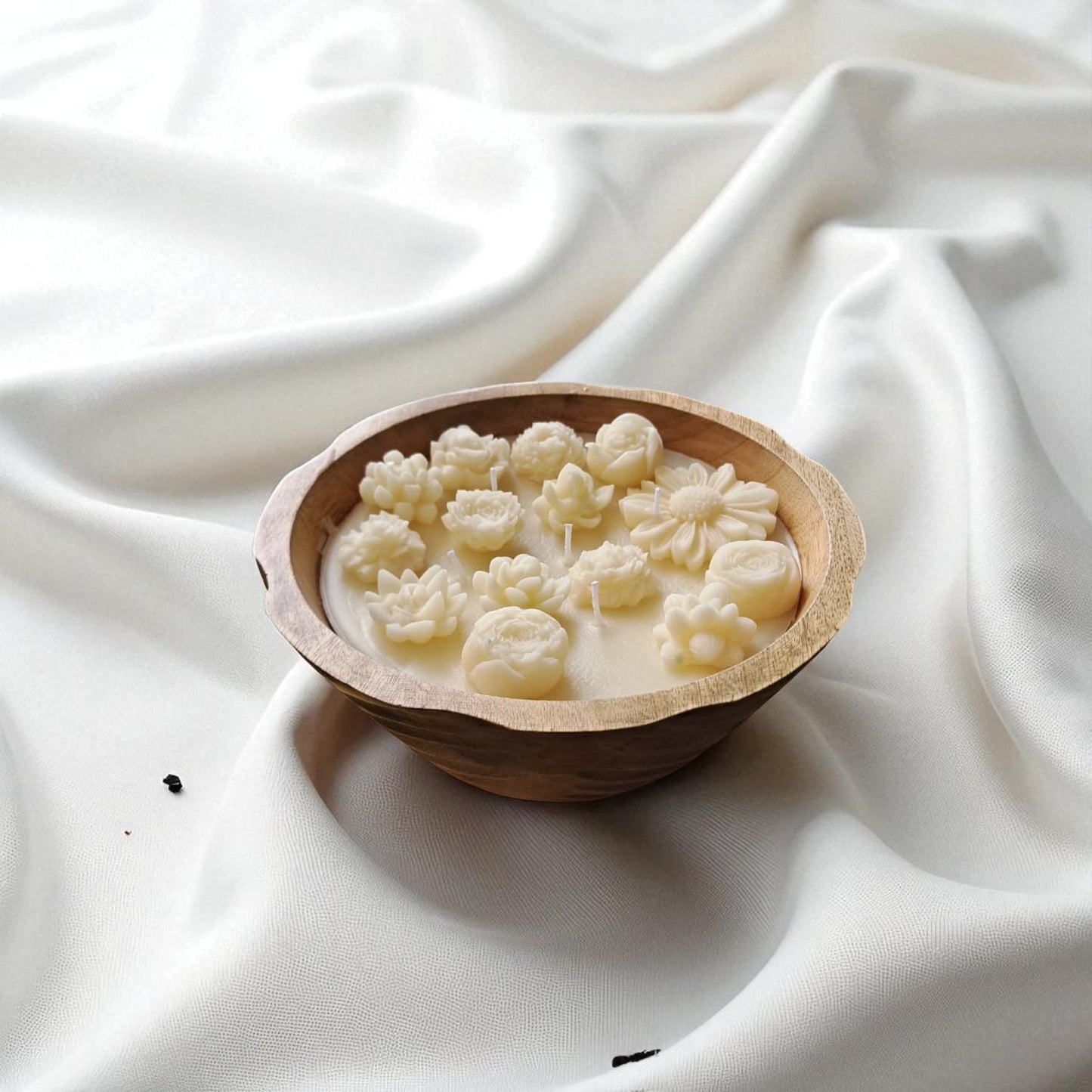 Stunning Floral Soy & Coconut Wax Scented Candle, XL Wooden Bowl by SacredFig - 8x8x4 in