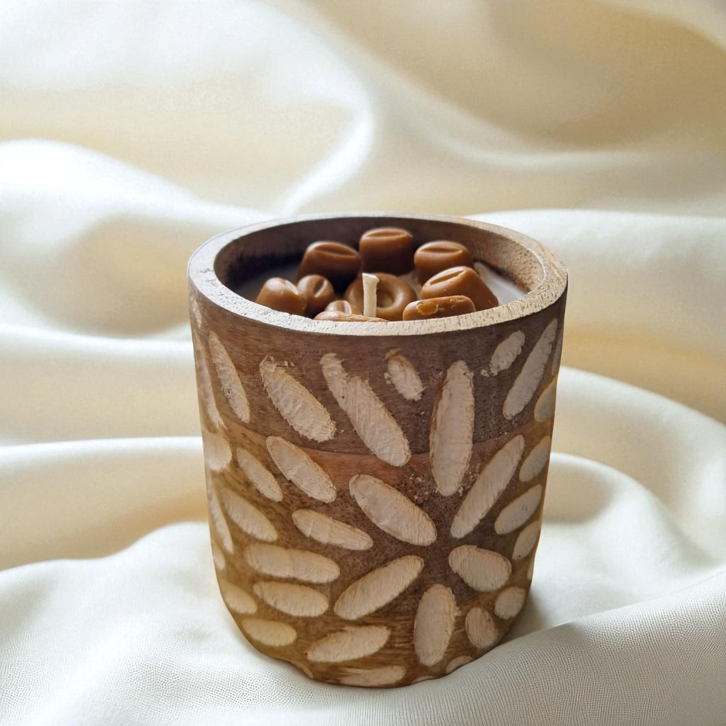 Coffee Beans themed Soy & Coconut Wax Scented Candle, Hammered Wooden Jar by SacredFig - 3.2x3.2x3 in