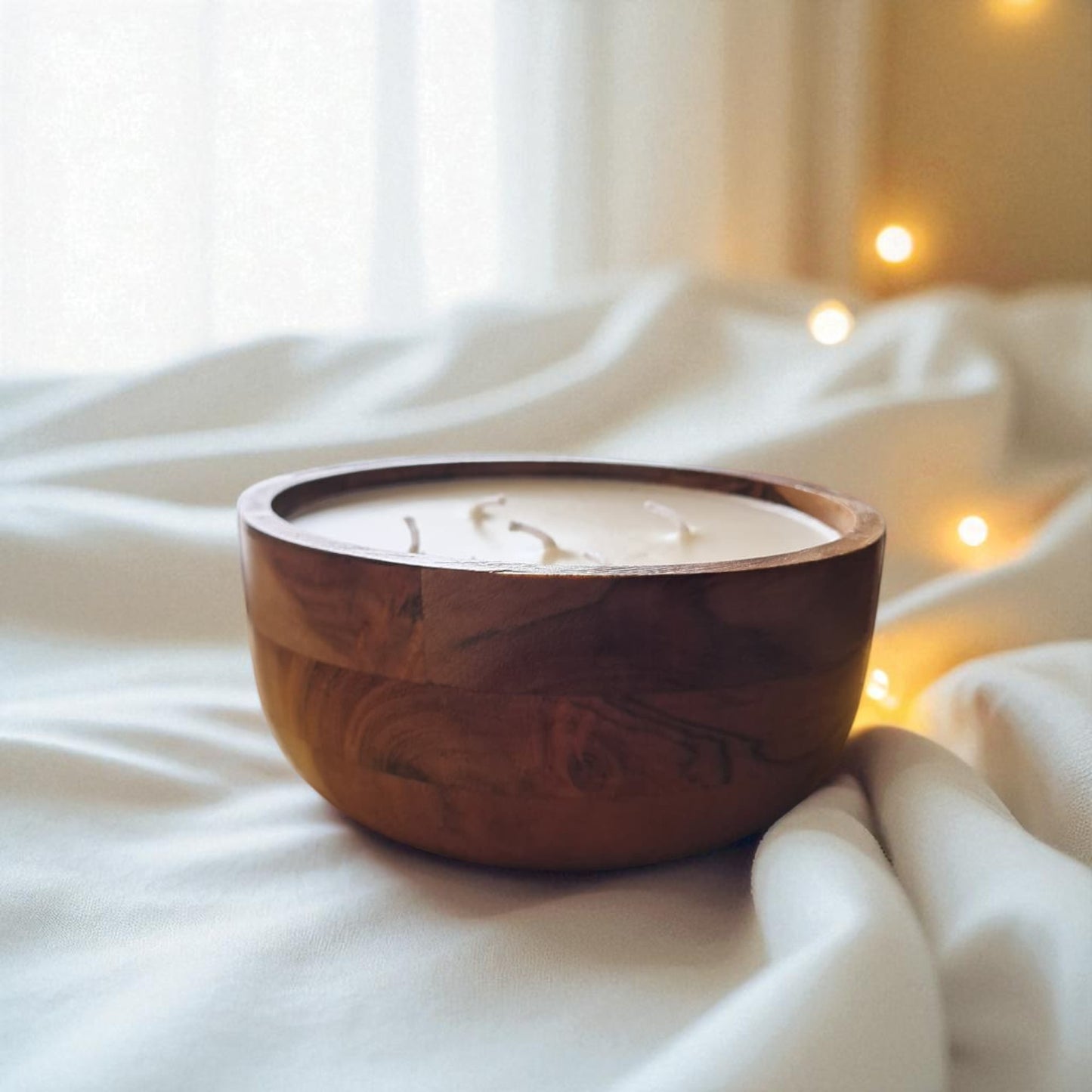 Premium Soy & Coconut Wax Scented Candle, Acacia Wood Bowl by SacredFig - 6x6x2 in