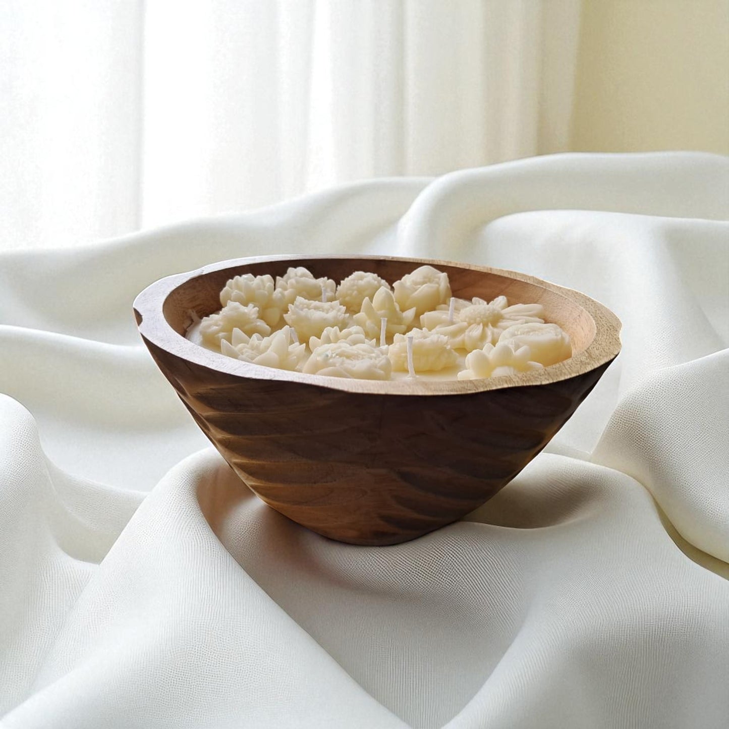 Stunning Floral Soy & Coconut Wax Scented Candle, XL Wooden Bowl by SacredFig - 8x8x4 in