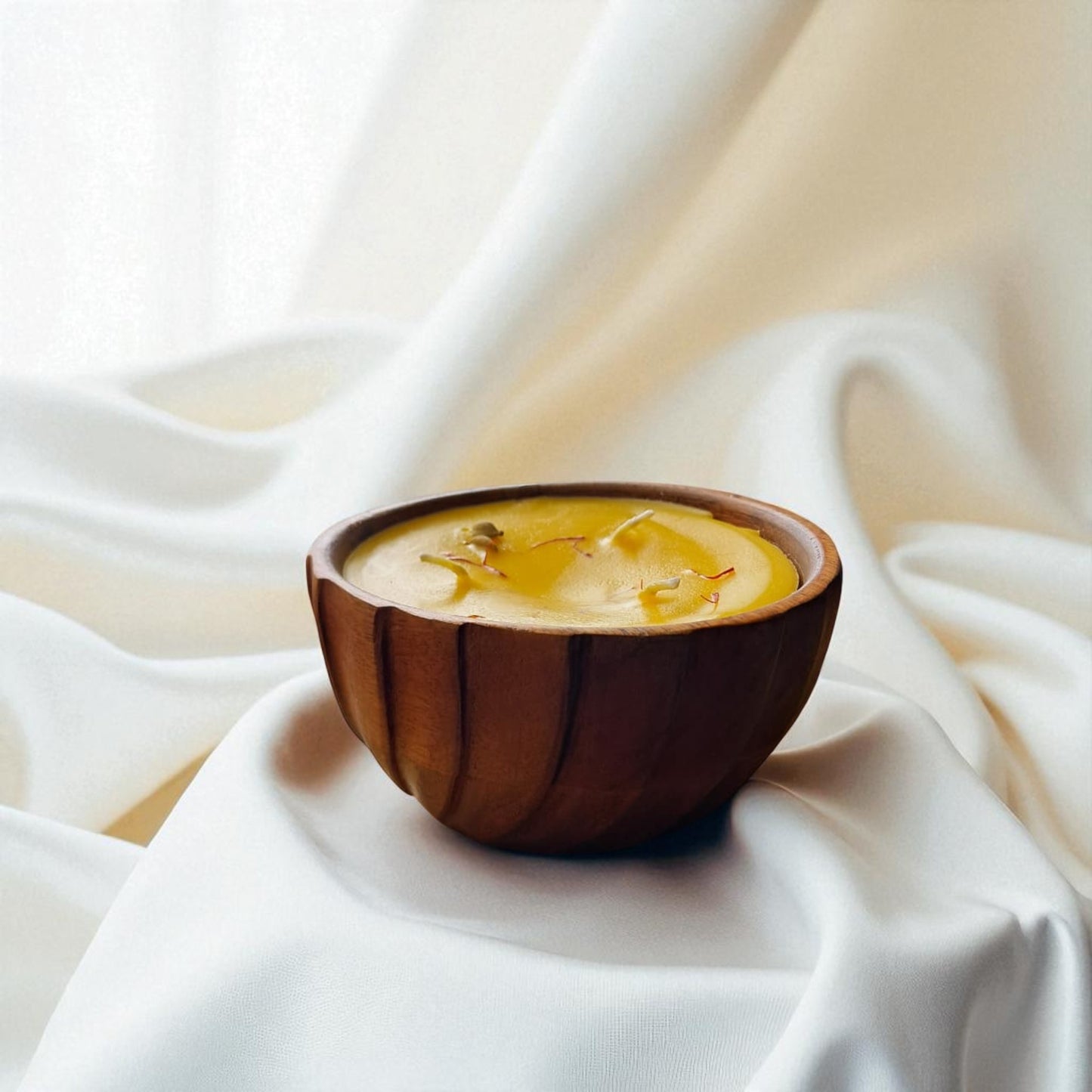 Premium Kesar Soy & Coconut Wax Scented Candle, Striped Wooden Bowl by SacredFig - 5x5x2.75 in