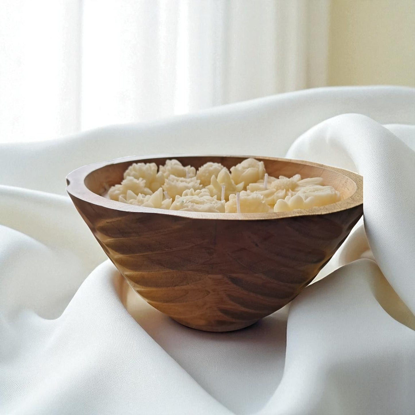 Stunning Floral Soy & Coconut Wax Scented Candle, XL Wooden Bowl by SacredFig - 8x8x4 in
