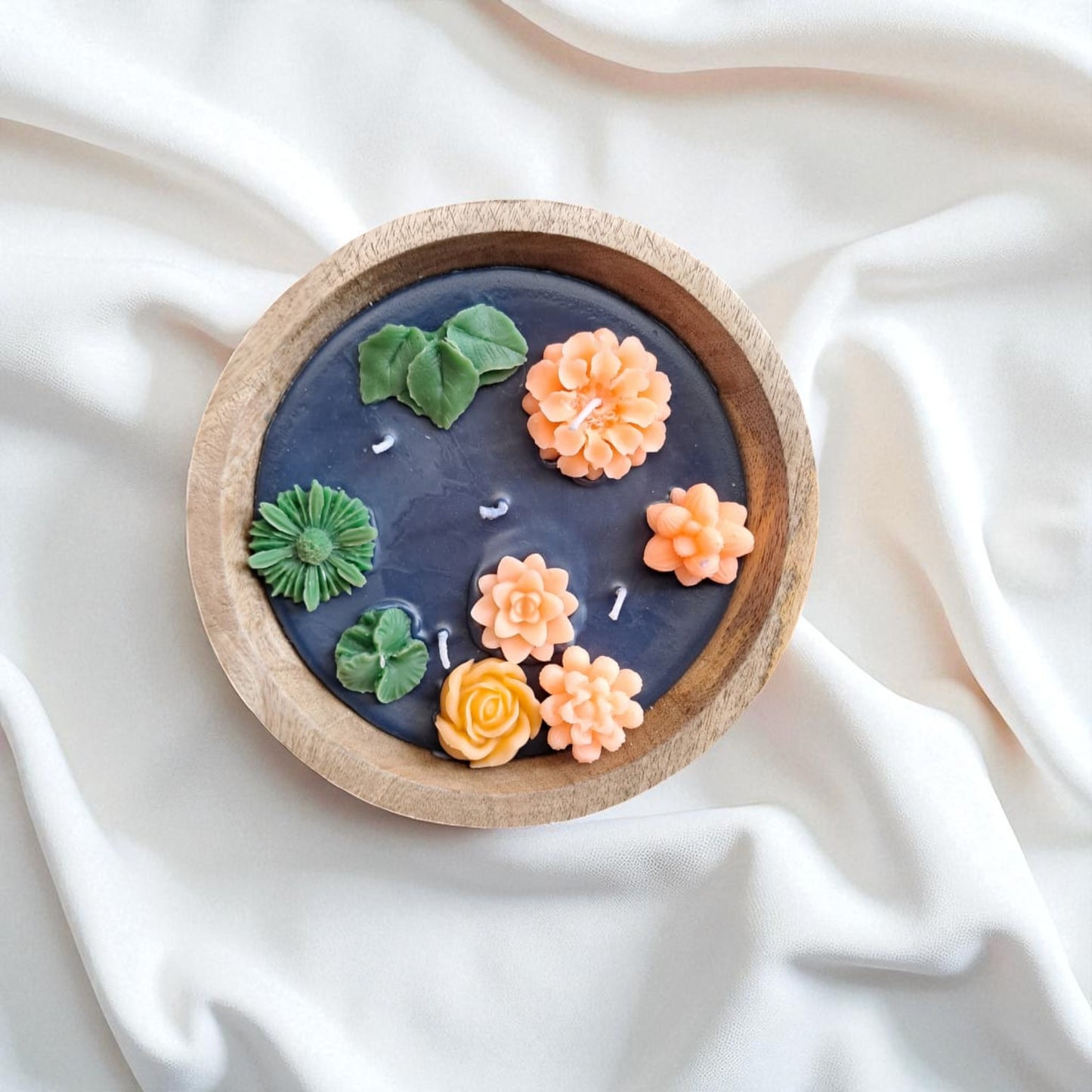 Lotus Pond Soy & Coconut Wax Perfumed Candle in natural Wooden Bowl by SacredFig - 7x7x2.75 in
