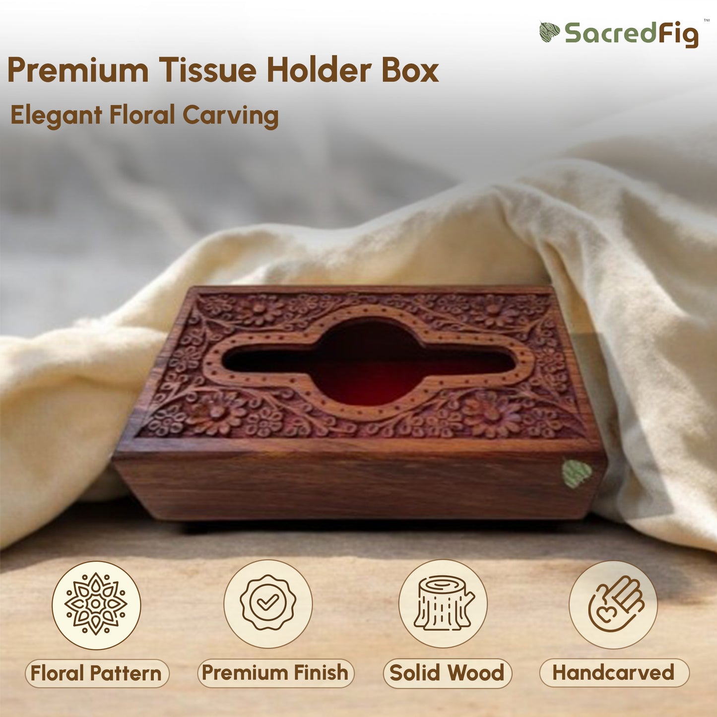 SacredFig Premium Wooden Tissue Holder Box | Elegant Floral Carving Design | 9×5 in