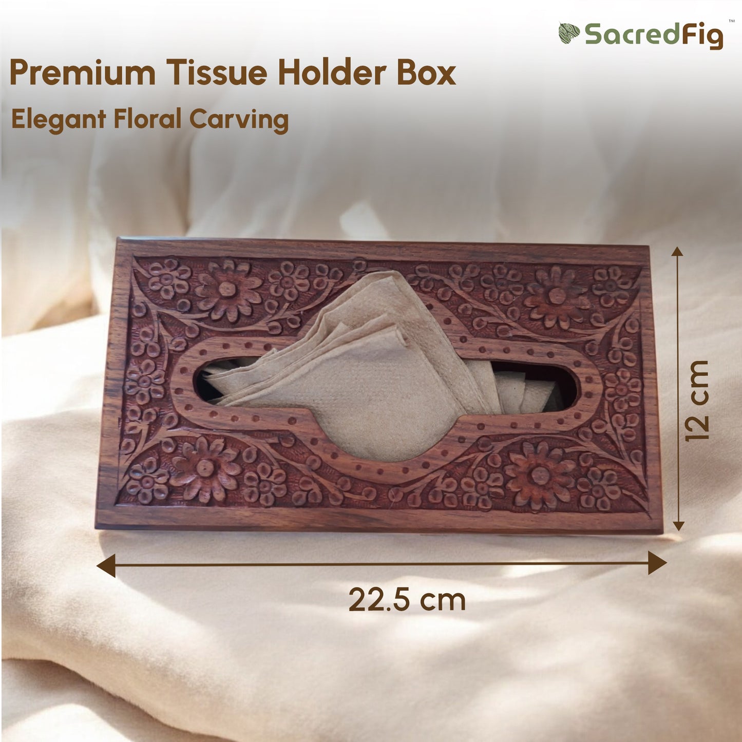 SacredFig Premium Wooden Tissue Holder Box | Elegant Floral Carving Design | 9×5 in
