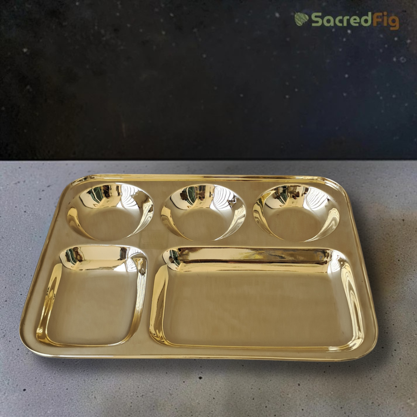 SacredFig Premium Brass Thali | 5-Compartment Brass Dinner Plate for Traditional Indian Dining