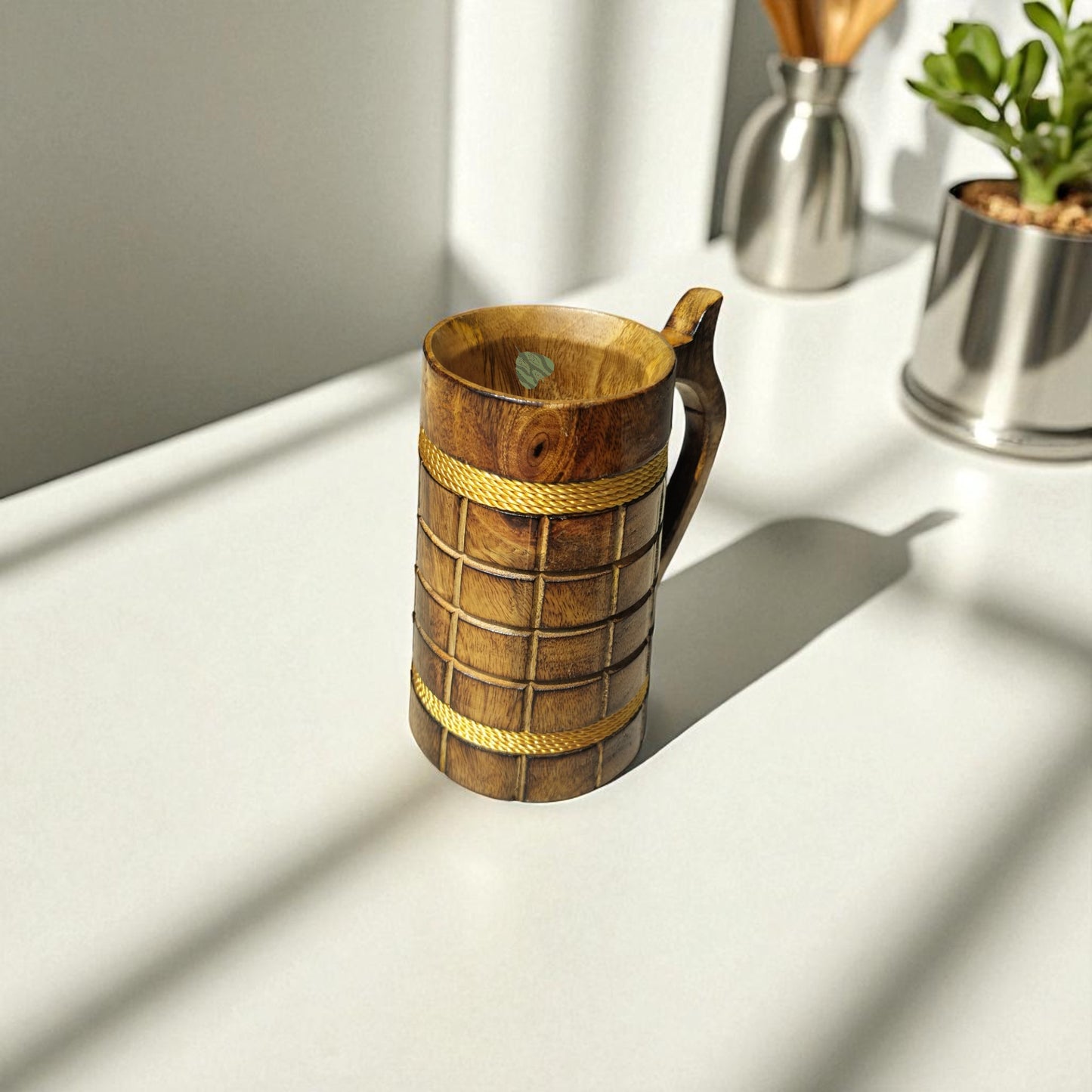 SacredFig Wooden Mug Large - 500ml | Vintage Style Wooden Mug with Rope Accents | Handcrafted Large Rustic Mug