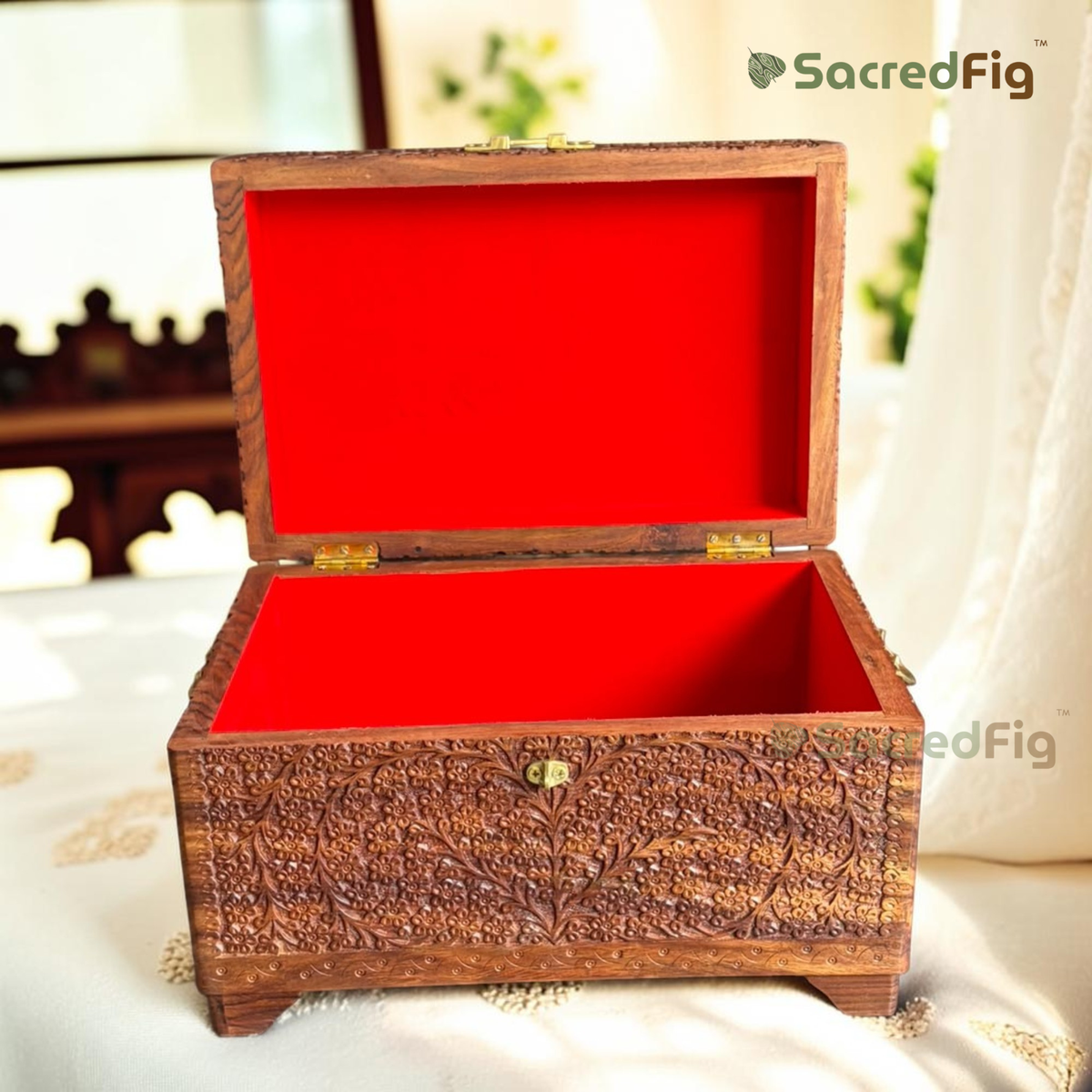 SacredFig Phoolkari Sheesham Wood Sandook | Handcrafted Wooden Chest Box | 17.5 x 11.7 In.