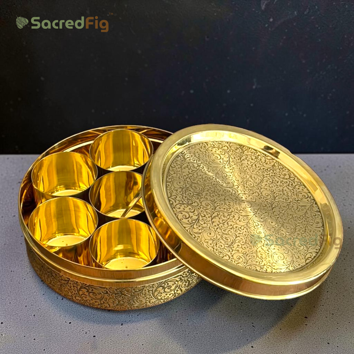SacredFig Eternal Vine Brass Spice Box | 9-Compartment Brass Masala Dabba | Handcrafted Indian Spice Box