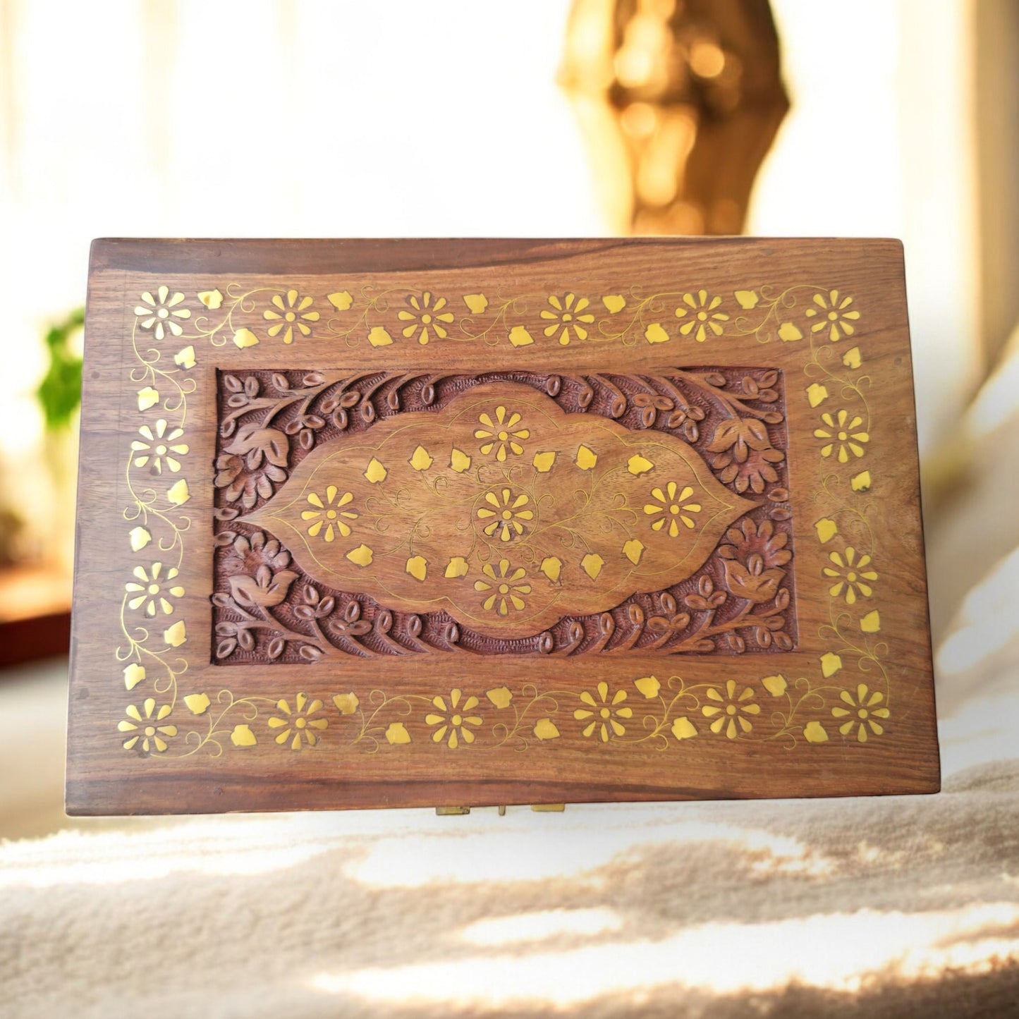 SacredFig Aayatan Jewellery Chest – 12x8x7.5 Inch | Signature Wooden Box with Brass Inlay | Handcrafted Heirloom Organizer