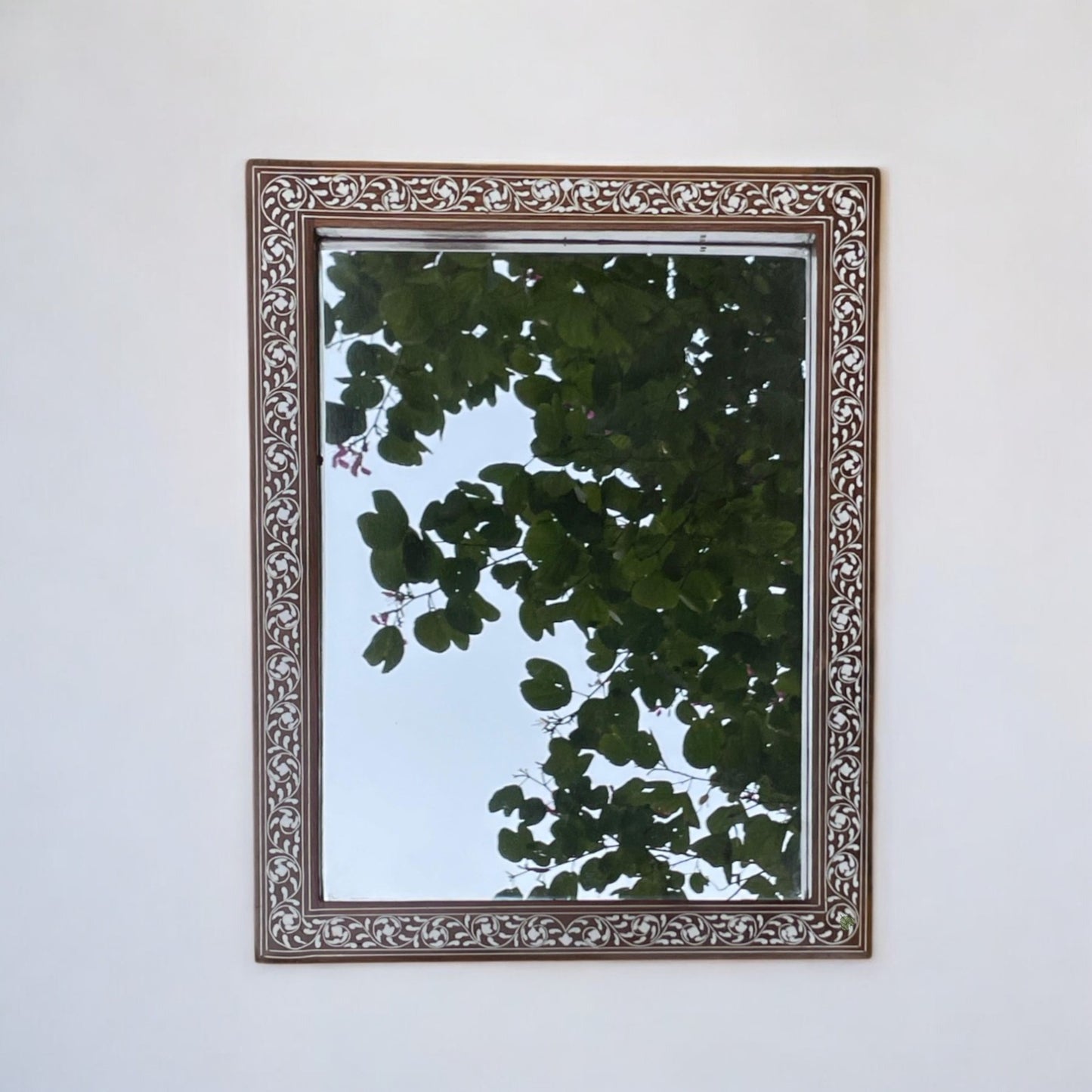 SacredFig Handcrafted Wooden Mirror – 14x18 Inch | Intricate Inlay Border | Premium Home Decor for Walls & Dressing Spaces