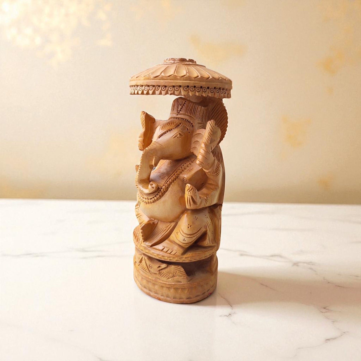 SacredFig Vinayaka On Lotus Base | 8 inches | Hand Carved Wooden Lord Ganesha Idol For Home & Temple Decor