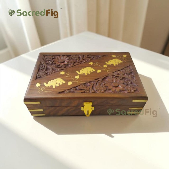 SacredFig Sheesham Wood Gift Box | Elephant Carving Design | Handcrafted Storage Box