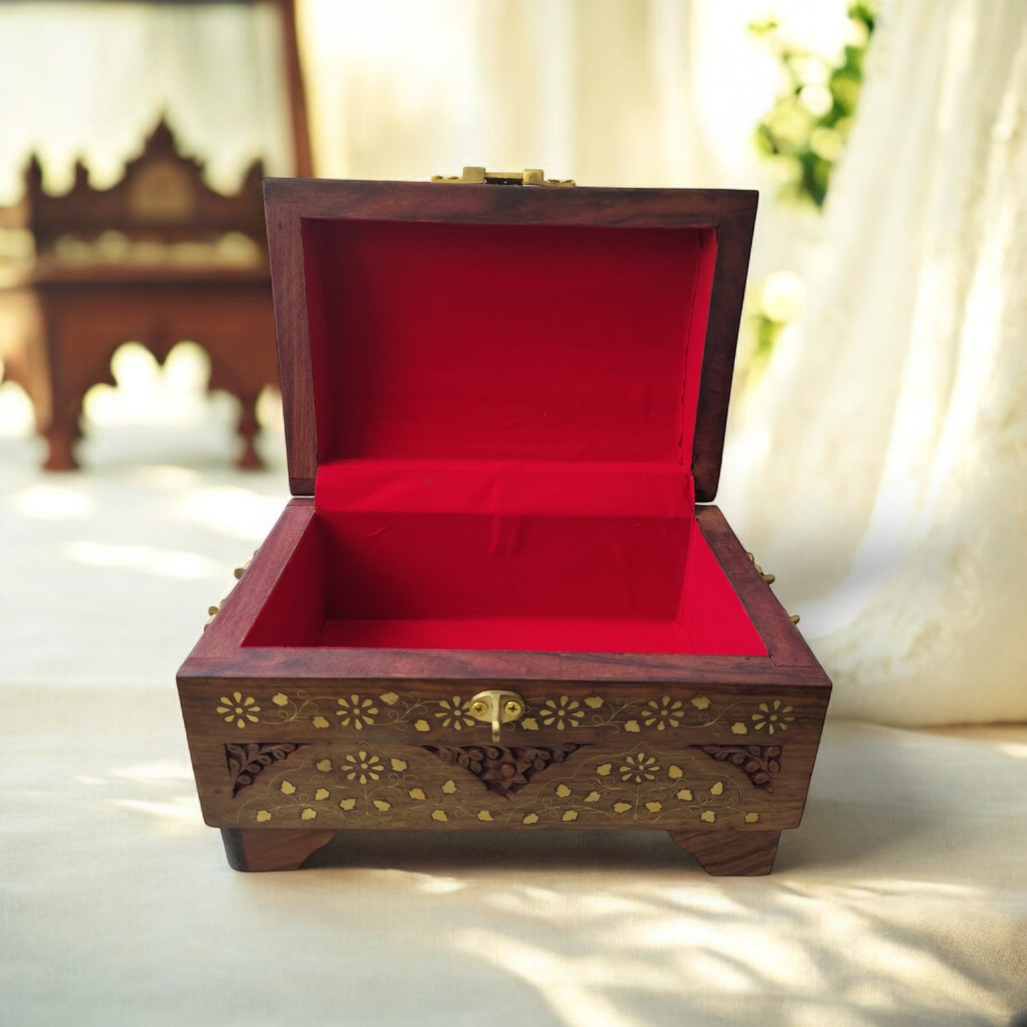 Jewellery Box Large Premium – Brass Inlaid Work (Sandook Design) | Handcrafted Wooden Storage Chest
