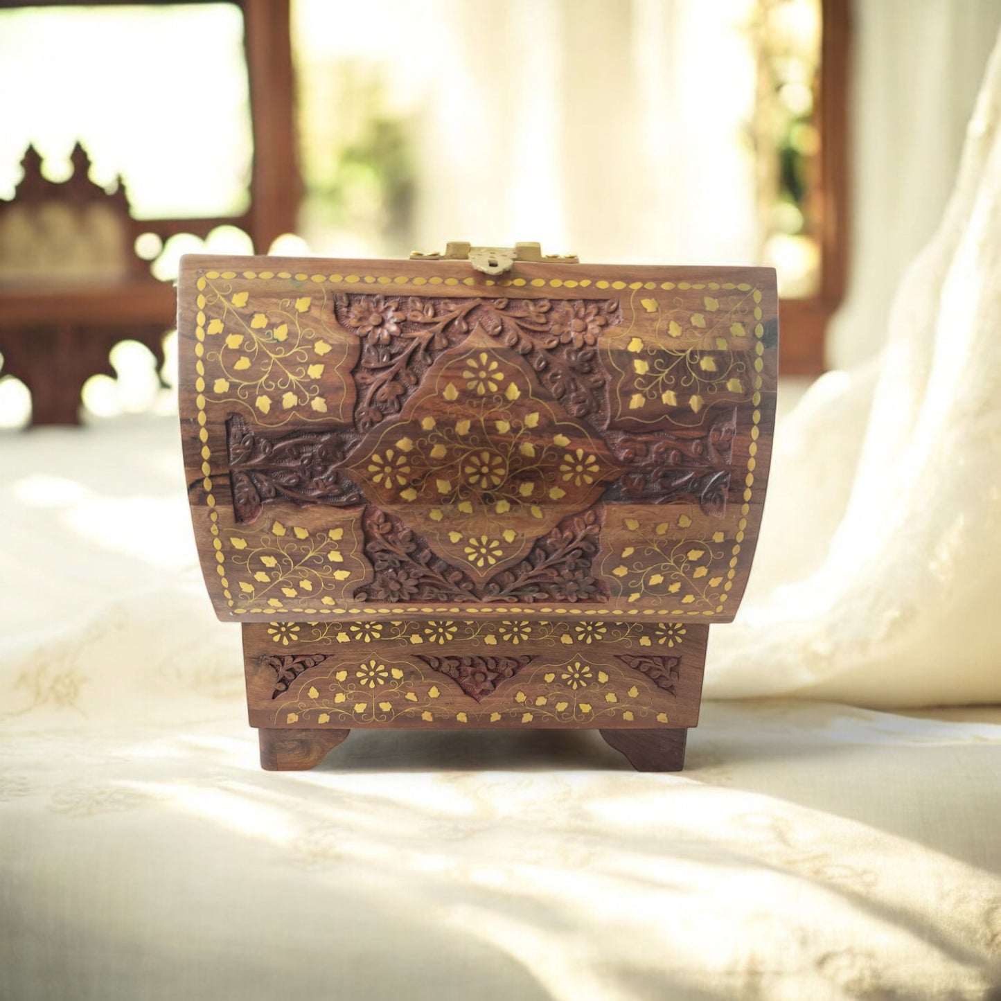 Jewellery Box Large Premium – Brass Inlaid Work (Sandook Design) | Handcrafted Wooden Storage Chest