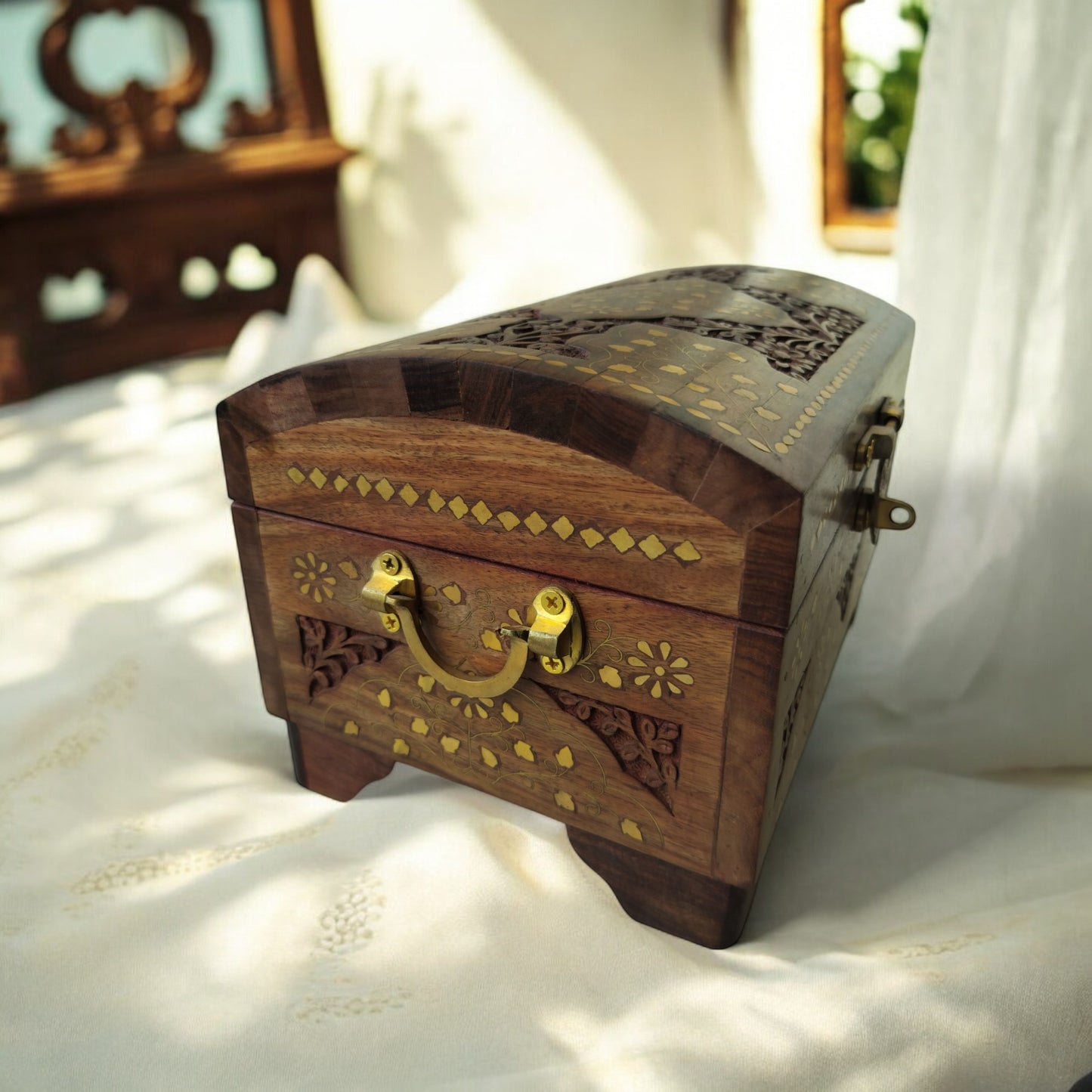 Jewellery Box Large Premium – Brass Inlaid Work (Sandook Design) | Handcrafted Wooden Storage Chest
