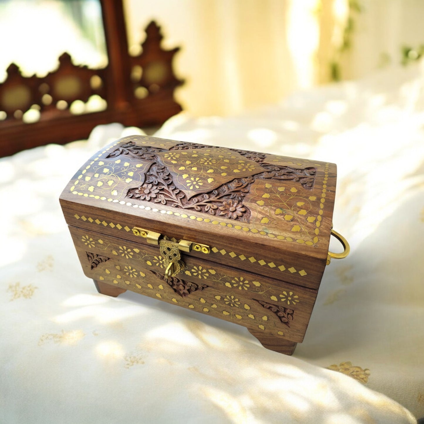 Jewellery Box Large Premium – Brass Inlaid Work (Sandook Design) | Handcrafted Wooden Storage Chest