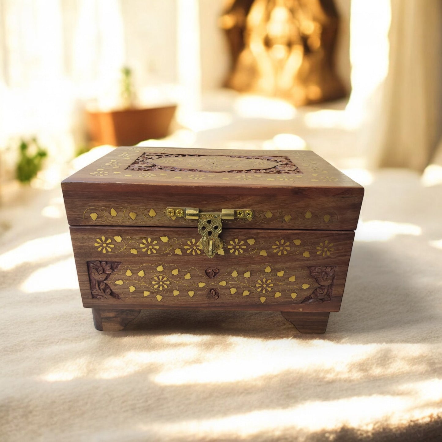 SacredFig Aayatan Jewellery Chest – 12x8x7.5 Inch | Signature Wooden Box with Brass Inlay | Handcrafted Heirloom Organizer