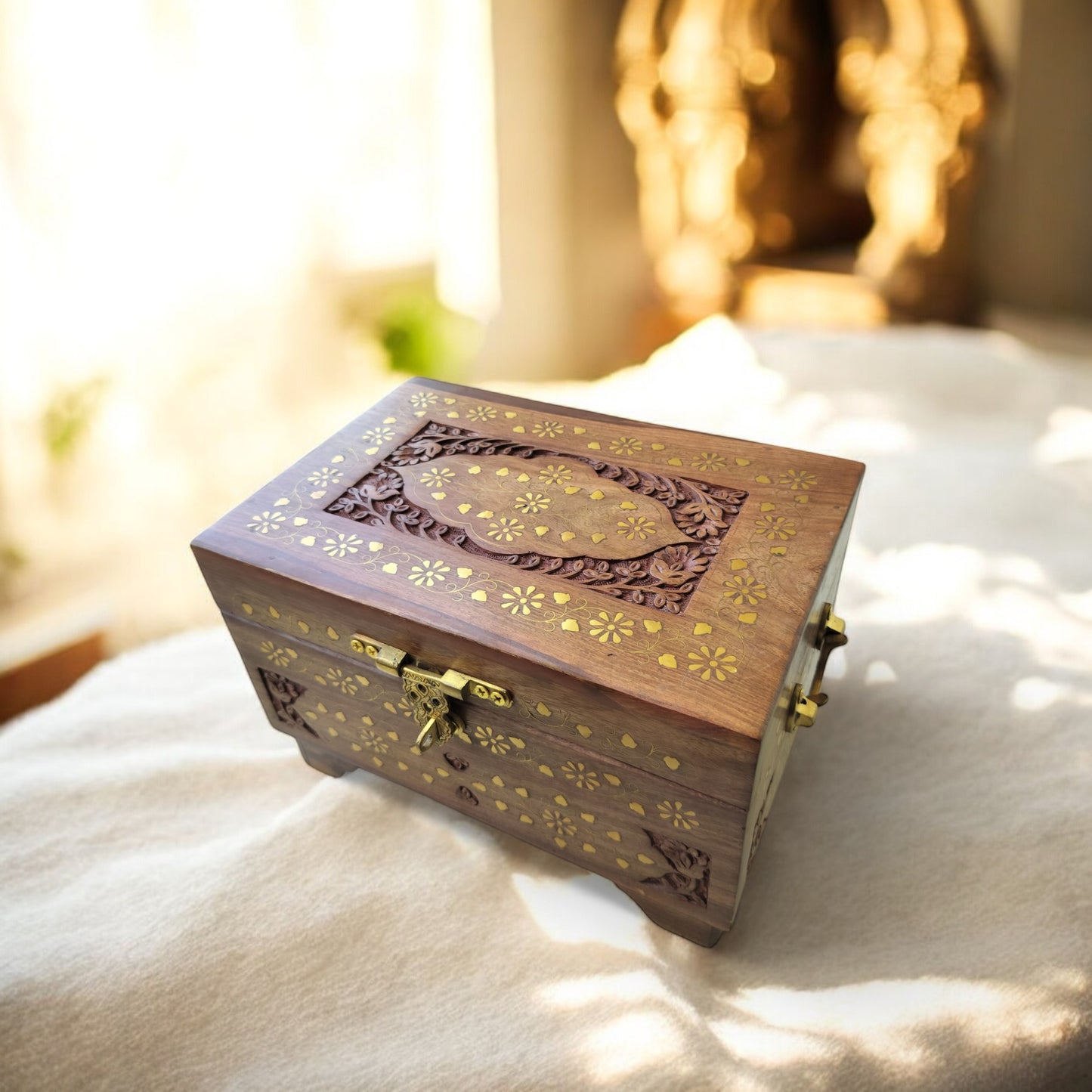 SacredFig Aayatan Jewellery Chest – 12x8x7.5 Inch | Signature Wooden Box with Brass Inlay | Handcrafted Heirloom Organizer