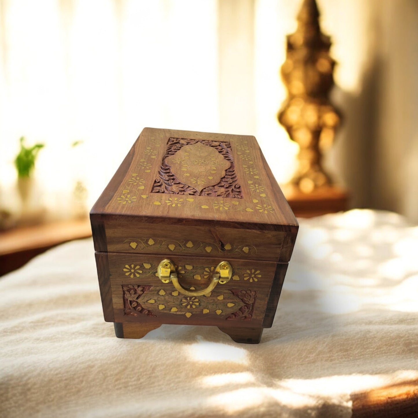 SacredFig Aayatan Jewellery Chest – 12x8x7.5 Inch | Signature Wooden Box with Brass Inlay | Handcrafted Heirloom Organizer