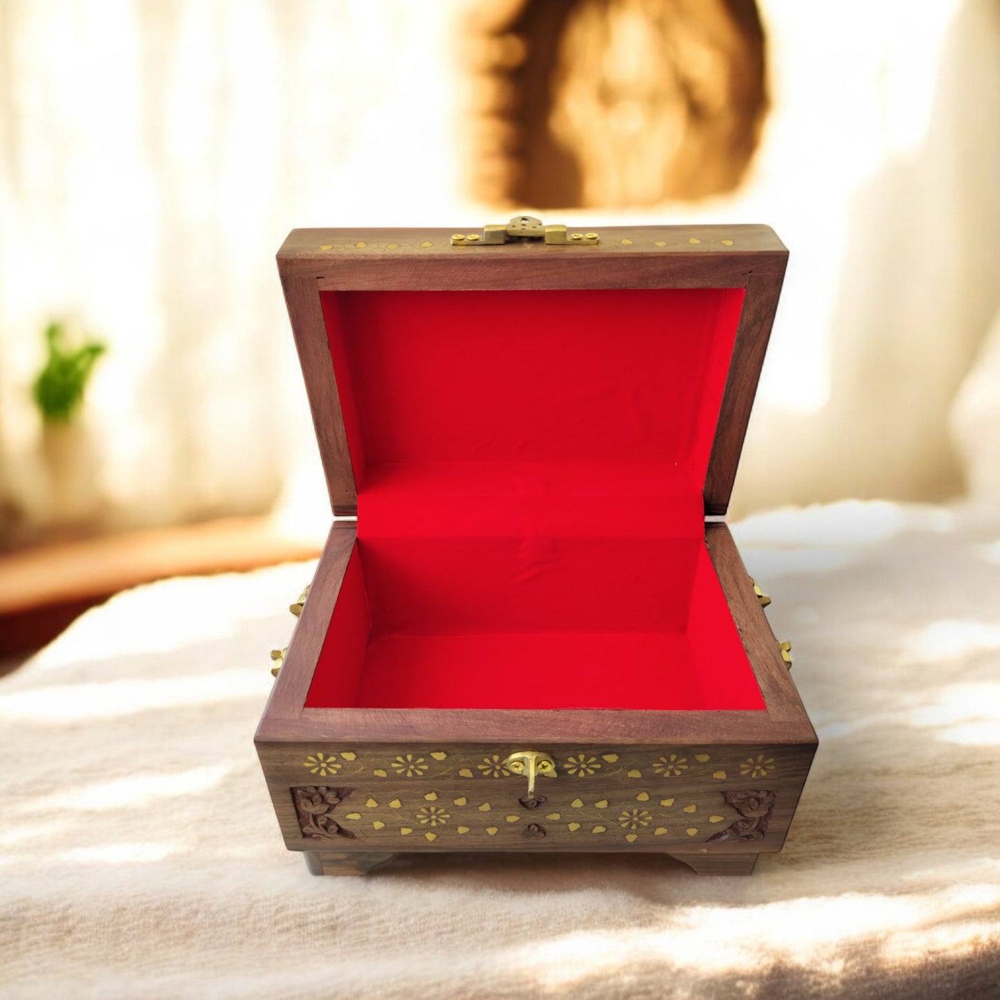 SacredFig Aayatan Jewellery Chest – 12x8x7.5 Inch | Signature Wooden Box with Brass Inlay | Handcrafted Heirloom Organizer
