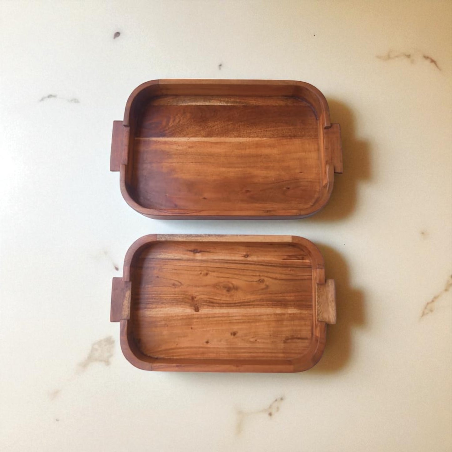 SacredFig Acacia Wood Serving Tray – Set of 2 (Small & Large) | Handcrafted Wooden Trays for Dining & Decor