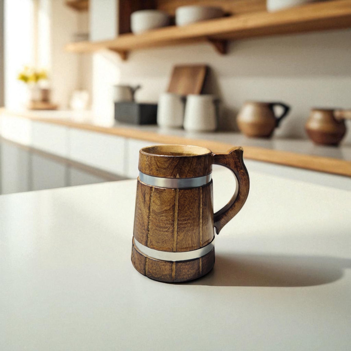 SacredFig Wooden Mug – 350ml | Handcrafted with Silver Ring Detailing | Elegant Rustic Drinkware
