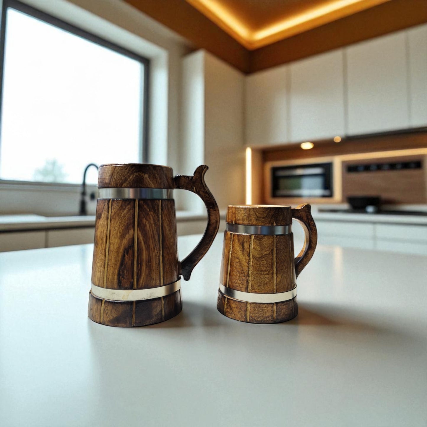 SacredFig Wooden Mug Large – 500ml | Rustic Finish with Silver Ring Detail | Handcrafted Large Beverage Mug