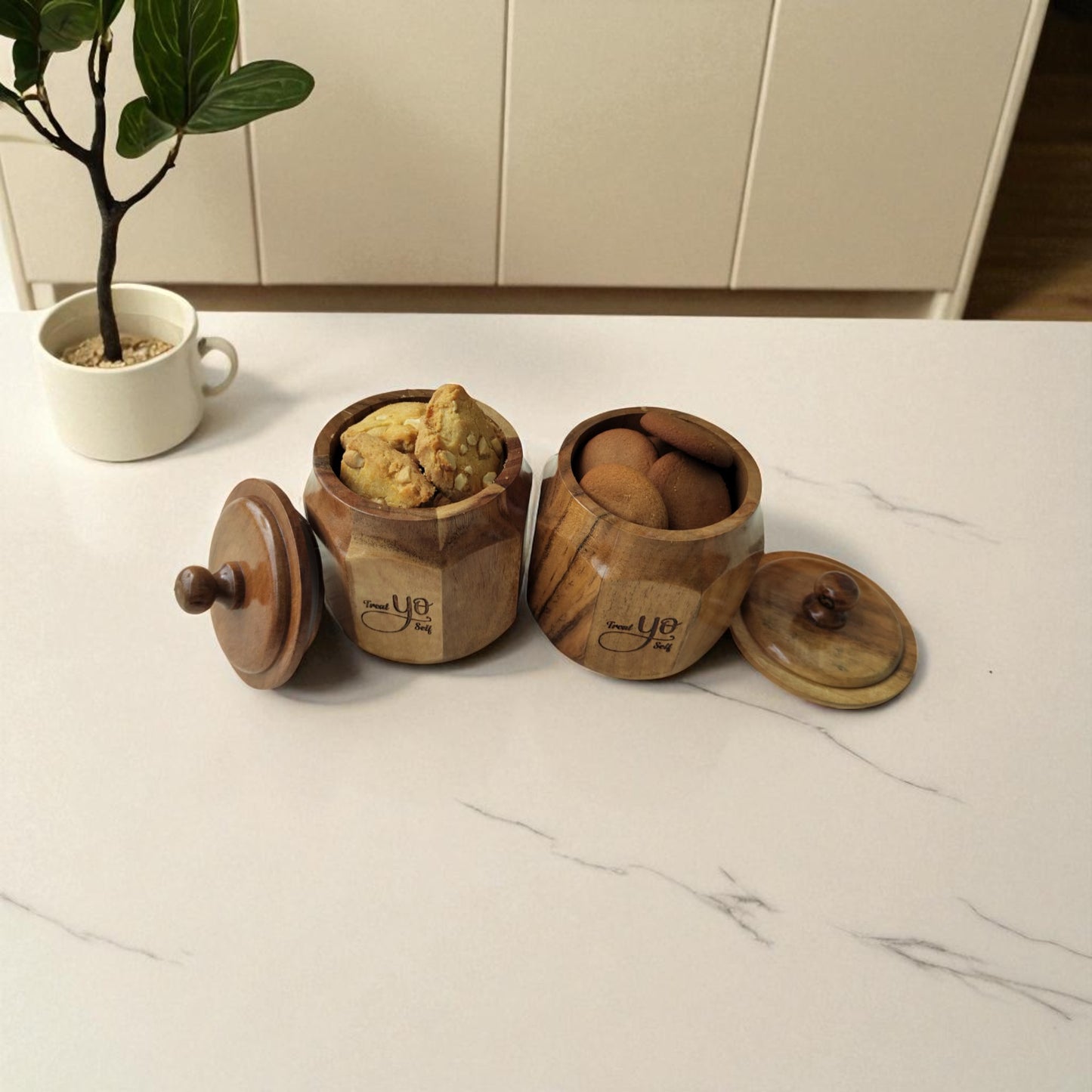 SacredFig Wooden Cookie Jar – Set of 2 | Airtight Lid | Handcrafted Storage for Snacks, Dry Fruits & Treats