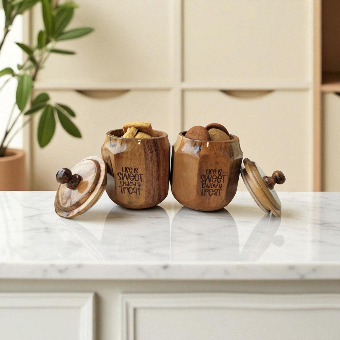 SacredFig Wooden Cookie Jar – Set of 2 | Airtight Lid | Handcrafted Storage for Snacks, Dry Fruits & Treats