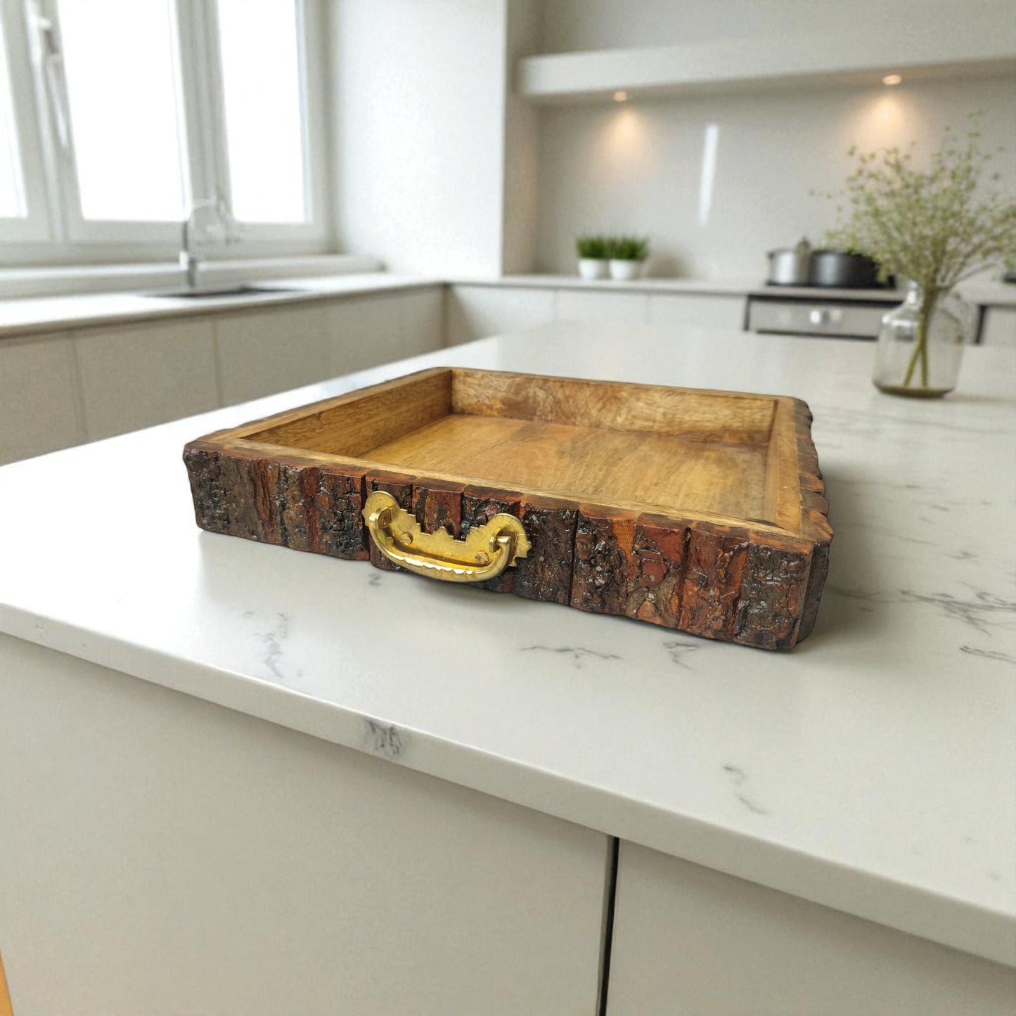 SacredFig Rustic Buckle Wood Tray| Serving Tray with Golden Handle | M 10×10 in | L 12×12 in