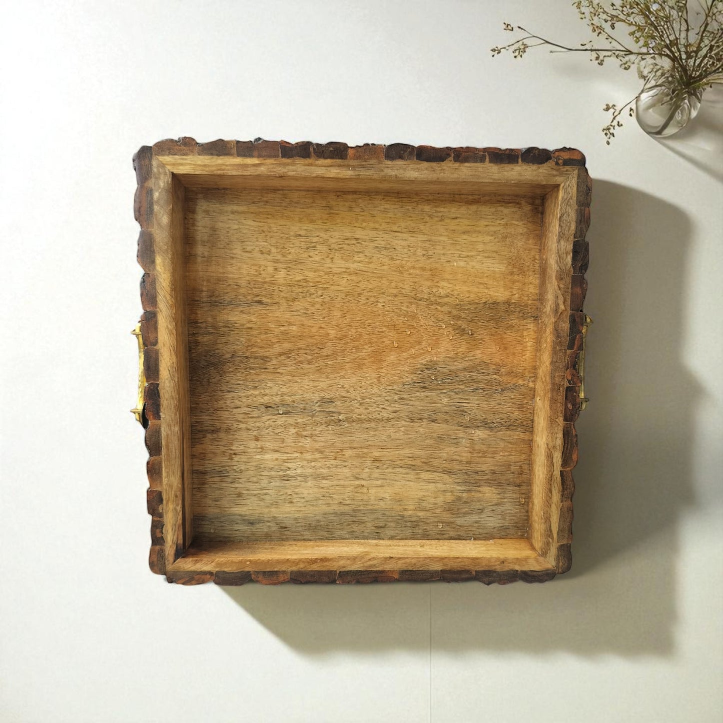 SacredFig Rustic Buckle Wood Tray| Serving Tray with Golden Handle | M 10×10 in | L 12×12 in