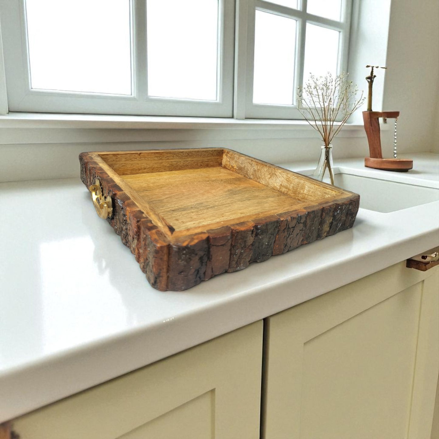 SacredFig Rustic Buckle Wood Tray| Serving Tray with Golden Handle | M 10×10 in | L 12×12 in
