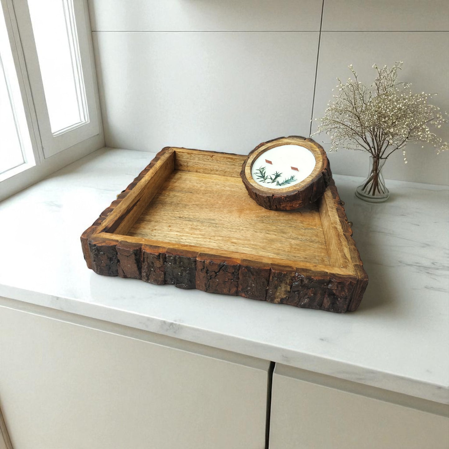 SacredFig Rustic Buckle Wood Tray| Serving Tray with Golden Handle | M 10×10 in | L 12×12 in