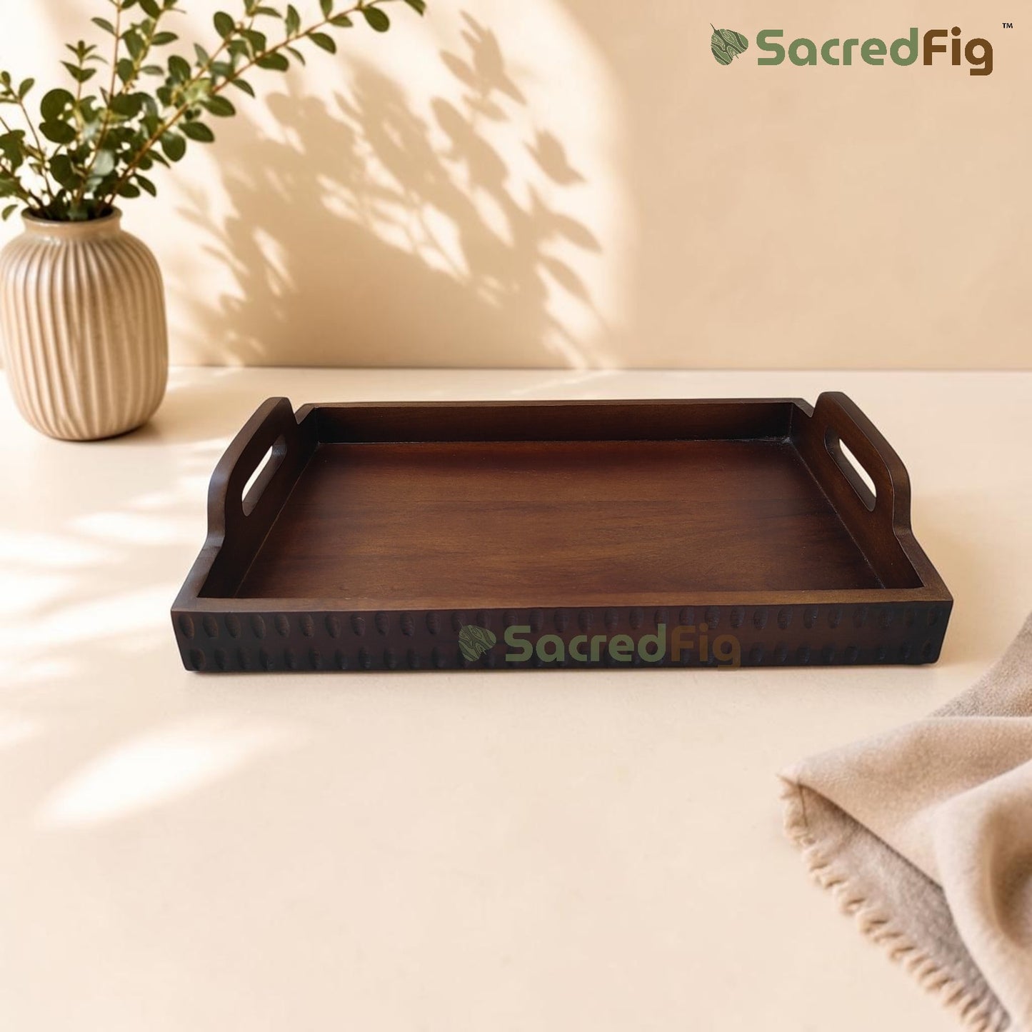 SacredFig Aura Premium Serving Tray, Mango Wood | Handcrafted Wooden Serveware
