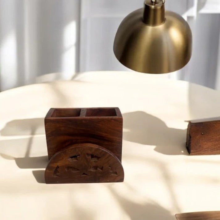 Wooden Caddy with compartments for Stationery | 6 × 7 in