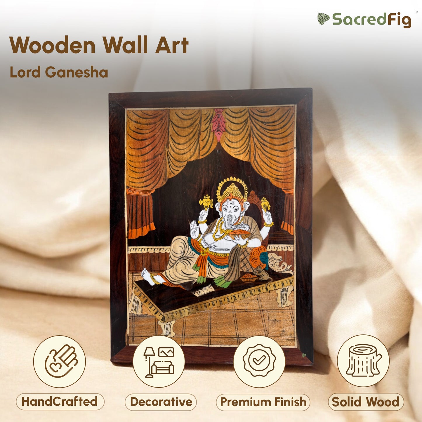 Handcrafted Lord Ganesha Wooden Wall Art | Made with multicolored wood blocks | 23 ×18 in