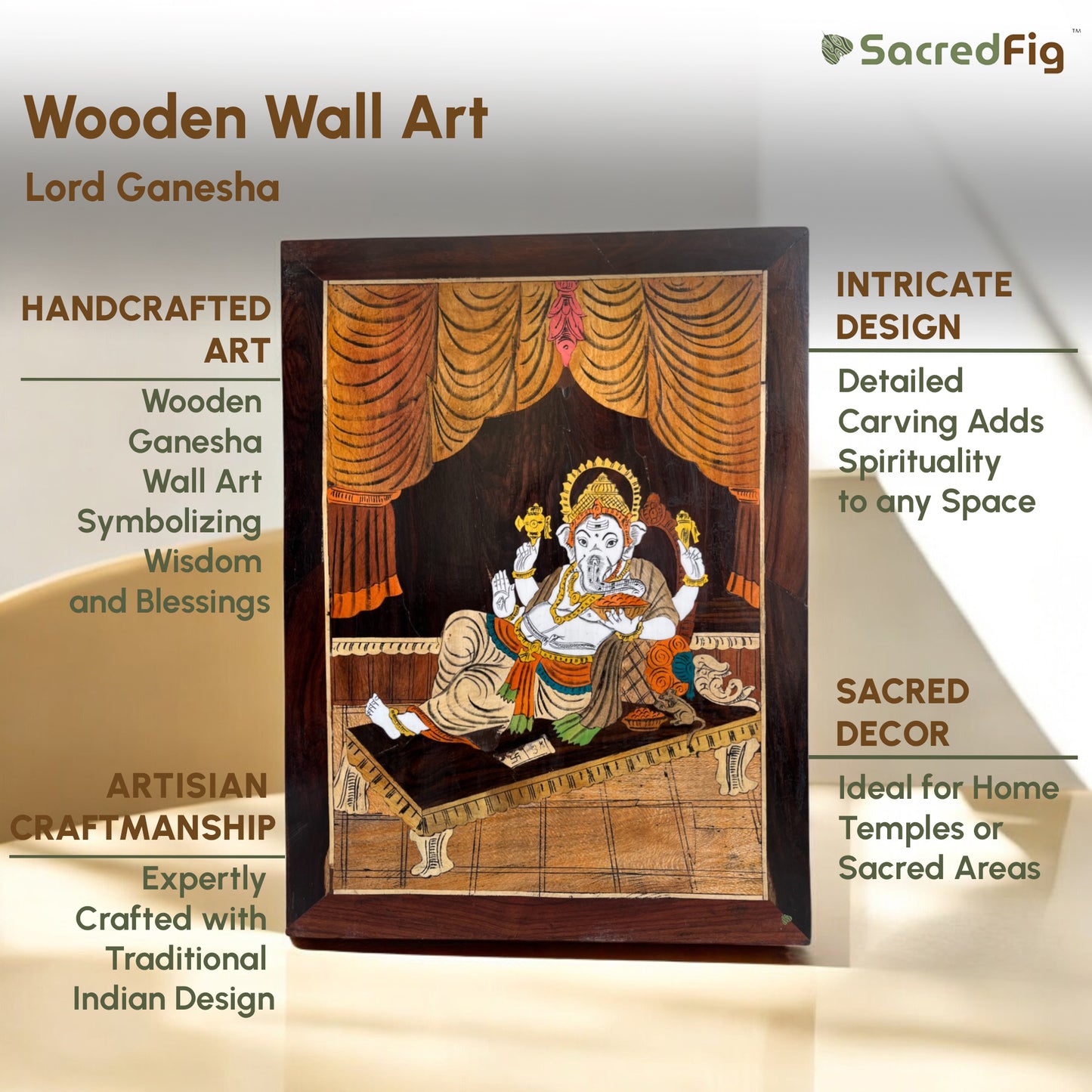 Handcrafted Lord Ganesha Wooden Wall Art | Made with multicolored wood blocks | 23 ×18 in