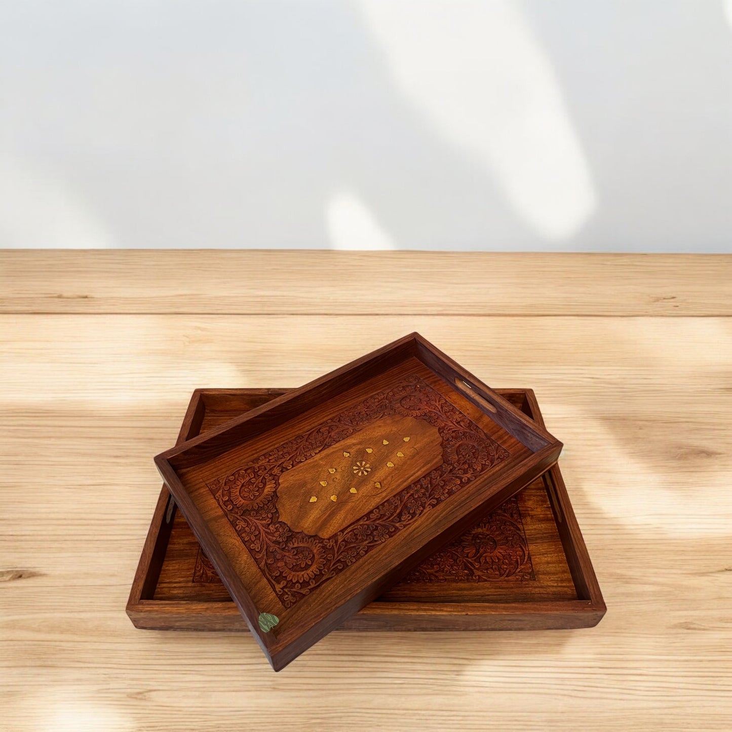 SacredFig Rectangular Wooden Tray| Inlaid Intricate Work Trays| 3 Variant Flat Tray | S 12 × 8 in | M 15 × 10 in | L 18×12 in