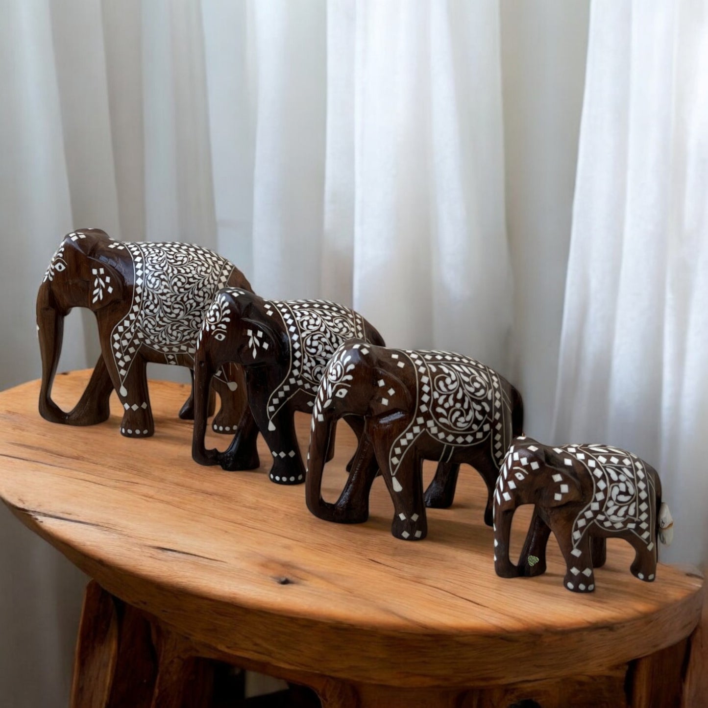 SacredFig Indian Elephants in White Work on Sheesham Wood (3,4,5,6 in) | Premium Home Decor