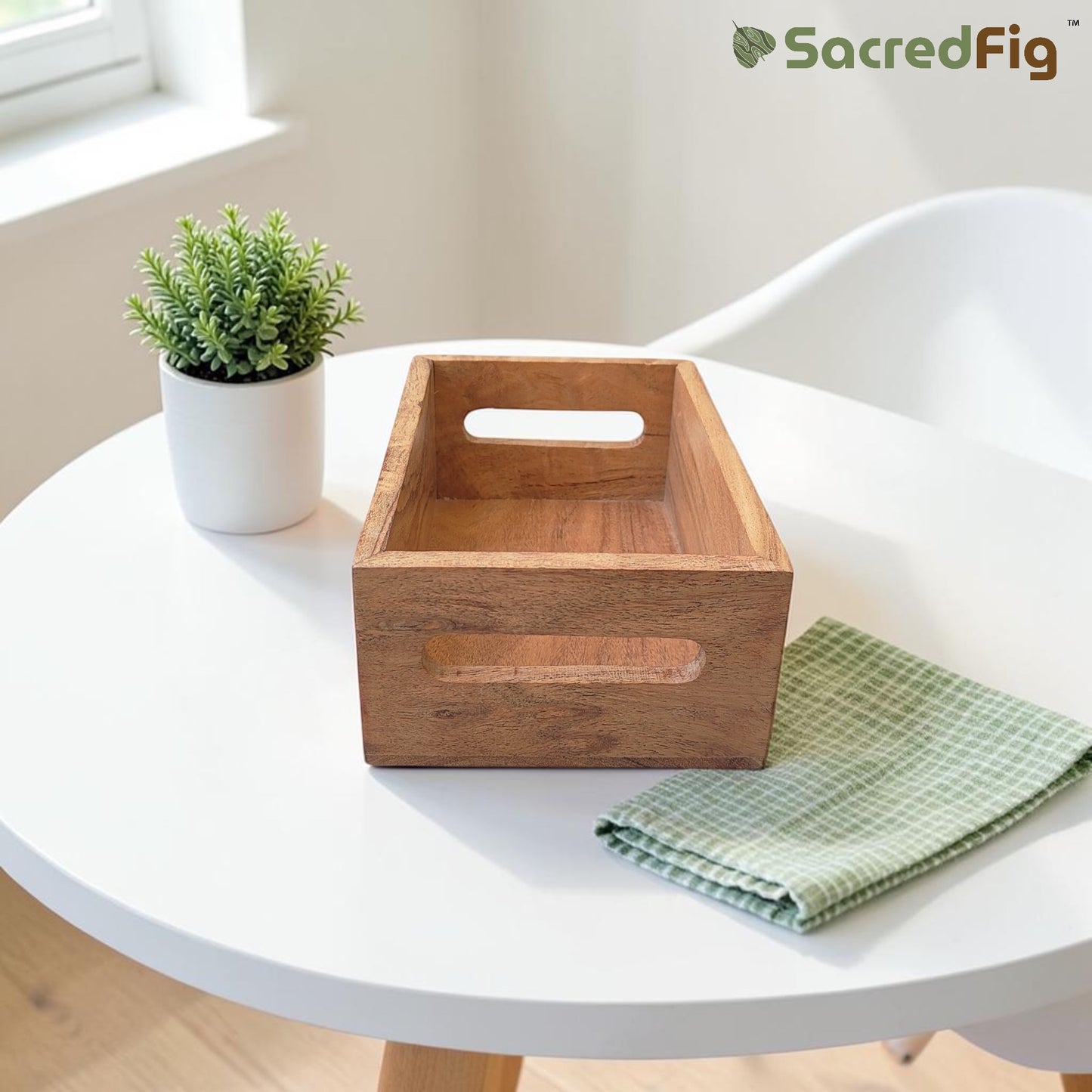 SacredFig Acacia Wood Coffee Serving Tray & Organizer | Multipurpose Rectangular Tray (8x5 in)
