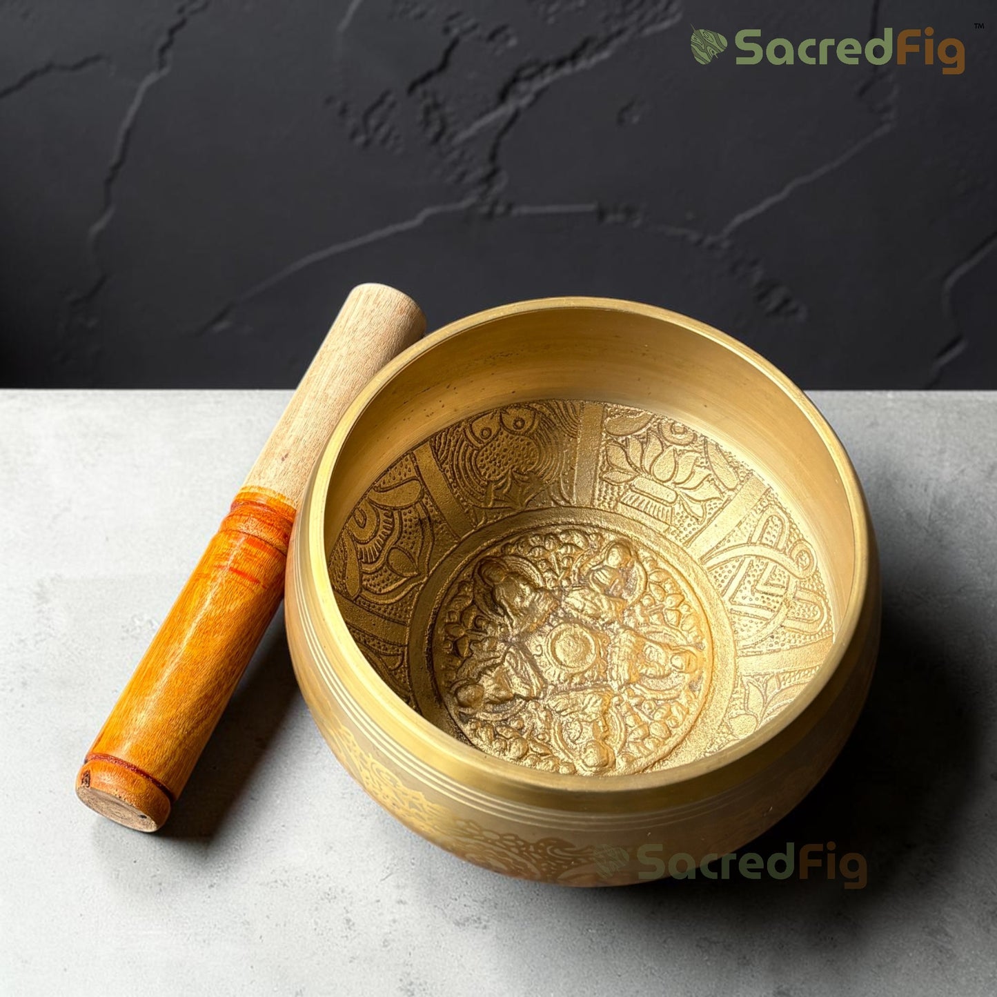 SacredFig Handcrafted Tibetan Brass Singing Bowl with Wooden Mallet for Meditation & Sound Healing