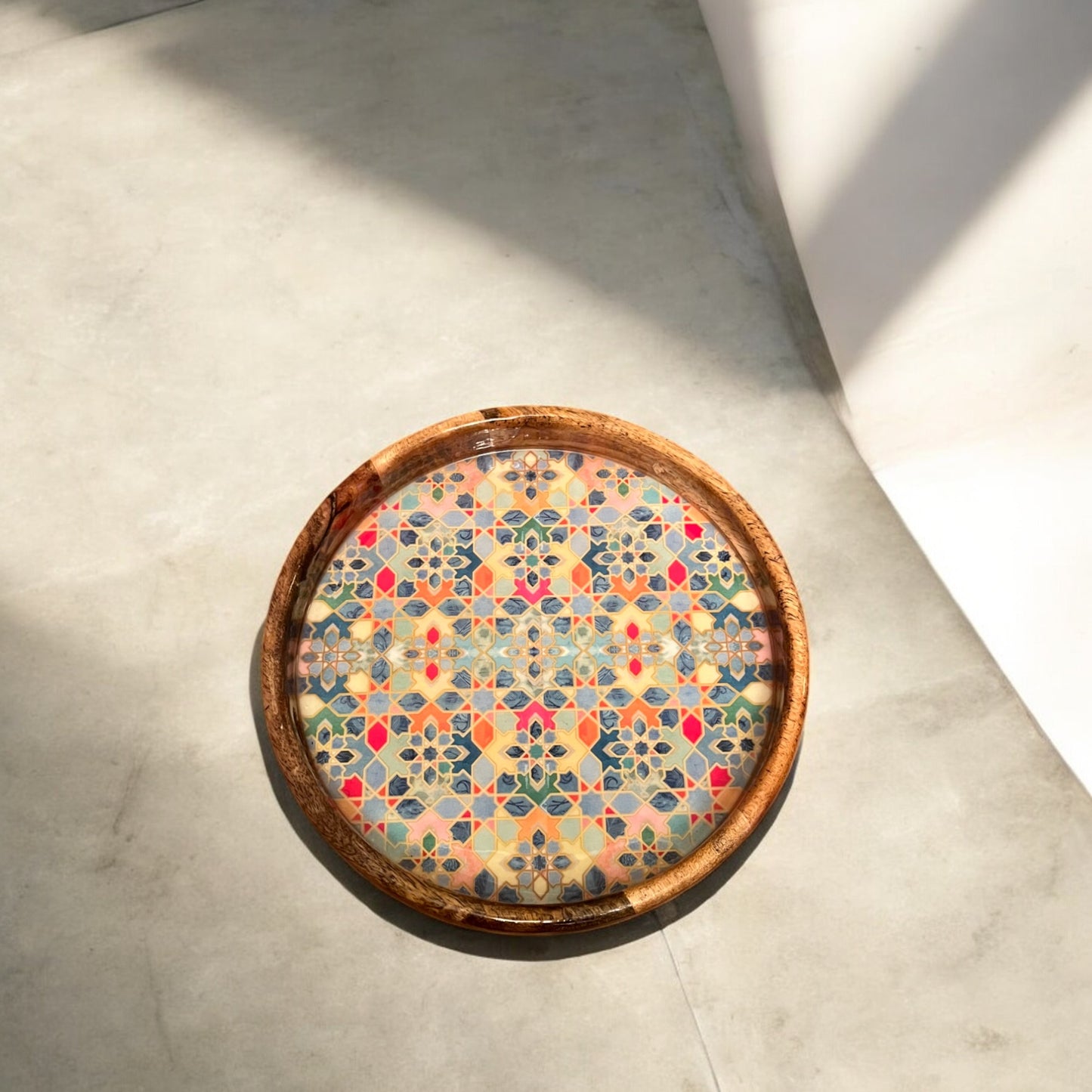 SacredFig Serving and Decorative Round Tray| Multicolored Mosaic Tray| Set of 2 | S 12×2 in| L 14×2 in