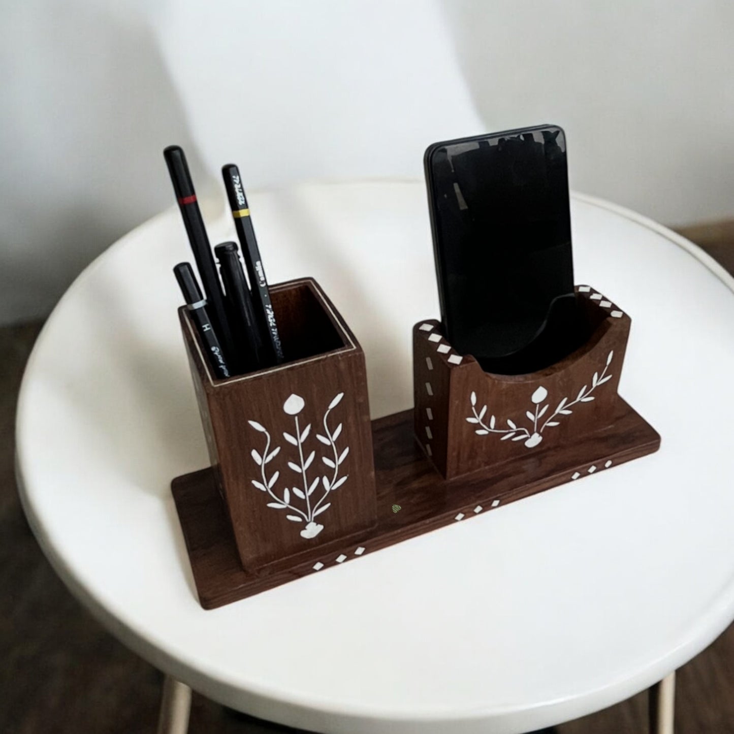 SacredFig Handcrafted Desk Organizer | 10x3 Inch | Wooden Pen & Phone Holder with Inlay Work