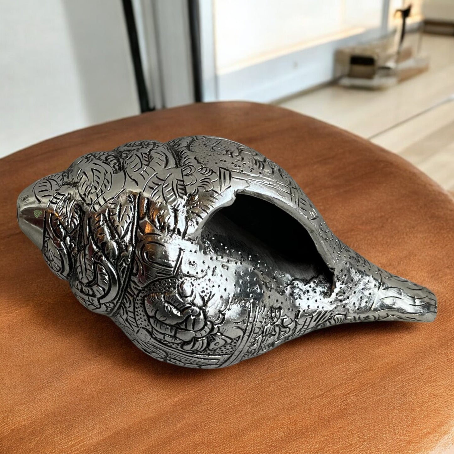 Silver colored Shankh | Engraved with Lord Ganesha | 7 in